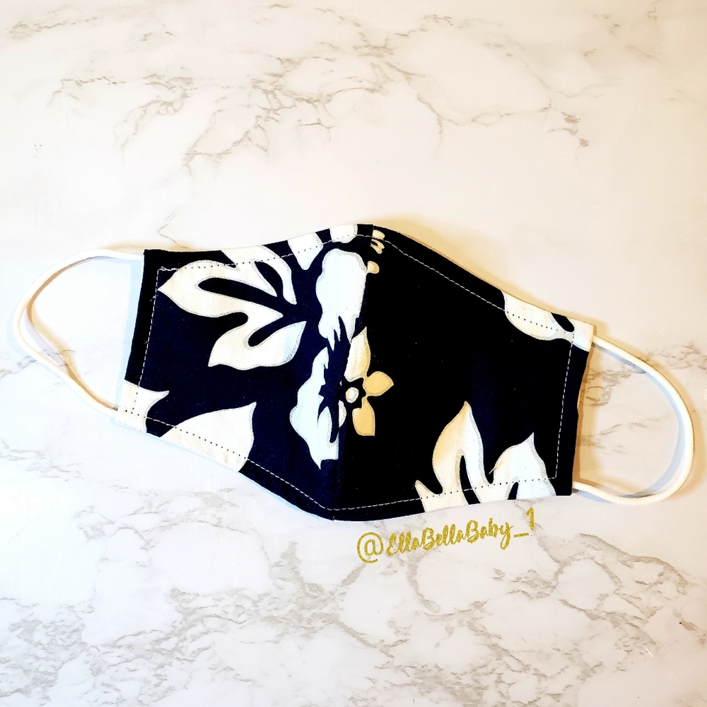 Cotton Face Mask Kids Navy Hawaiian Flower Filter